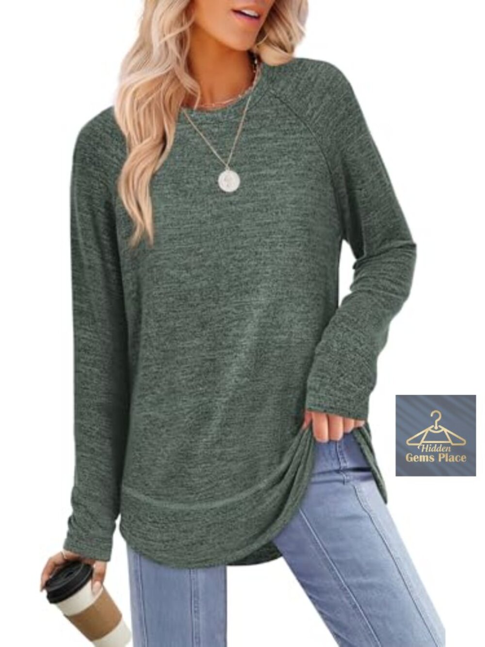 Long Sleeve Tunic Top Curved Hem High Low Women Loose Fit Crew Neck Pullover